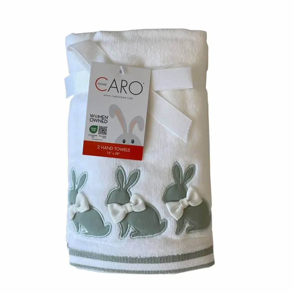 Caro Easter Bunny w/ Bow Hand Towels 2pc 16x28 Embroidered Green & White NEW